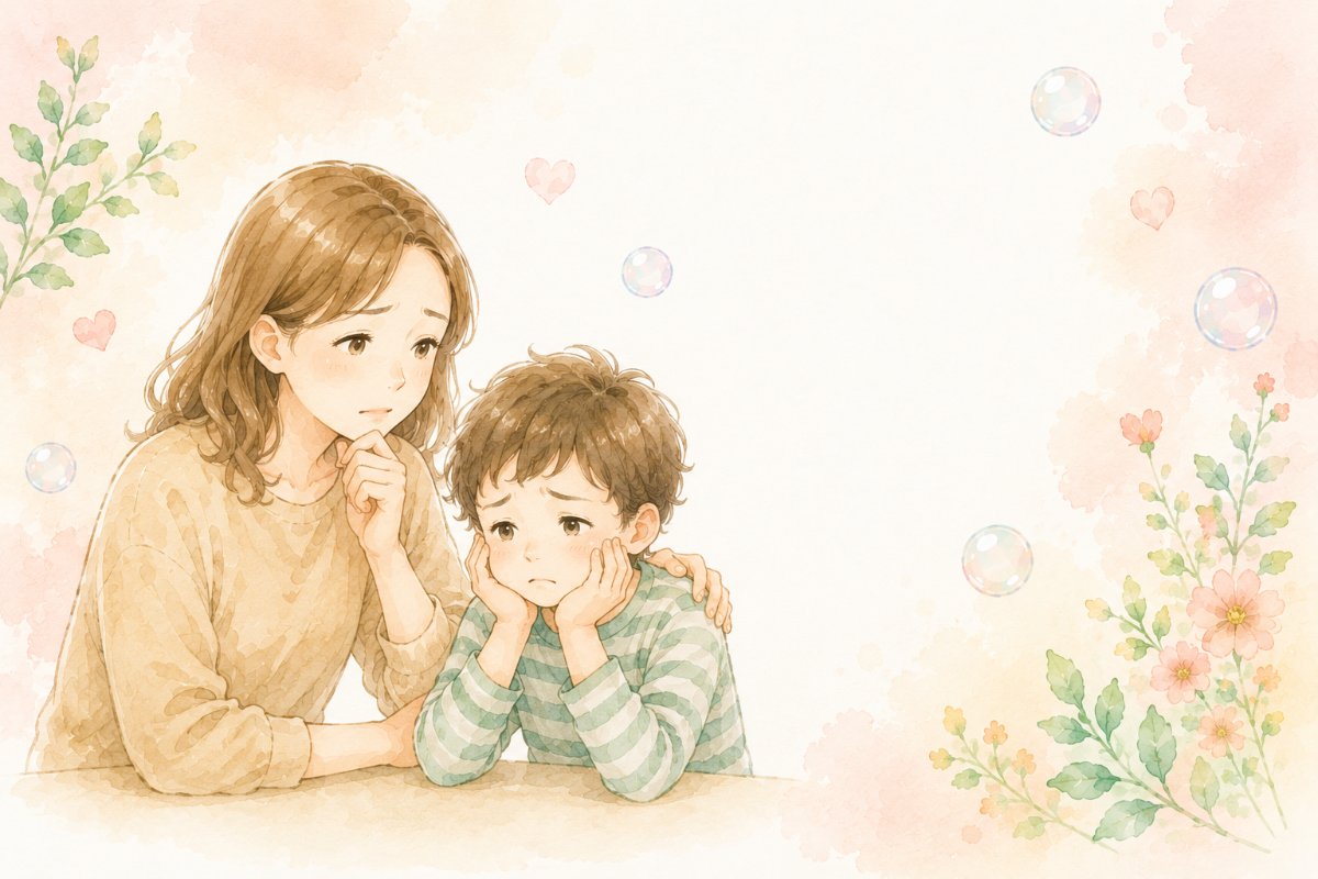 心配そうな表情の母親と男の子のイラスト