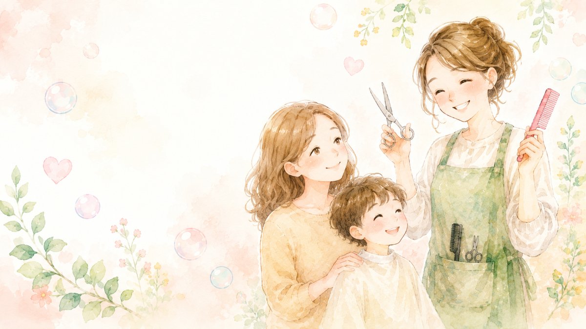 ご自宅で笑顔の親子と、はさみと櫛を持つ訪問美容師
